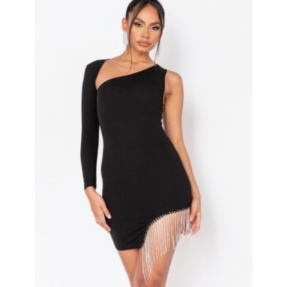 Dresses Black Long Sleeve One Shoulder Asymmetric Bodycon Mini Dress Poshmark